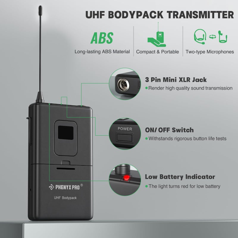 Phenyx Pro Wireless Bodypack Transmitter, 561.6MHz UHF Cardioid Pattern Wireless BodyPack Microphone, Fixed Frequency, 260 FT Range, for PTU-5000/PTU-4000 Series (PWB-5-561.6) - Image 4